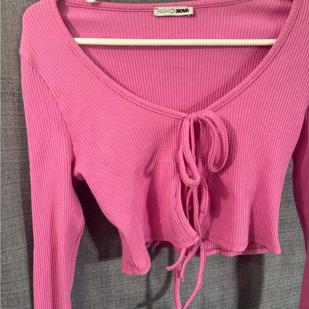 Fashion Nova Mauve Ribbed Tie-Front Blouse